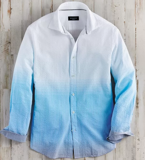 Bugatchi Ombre Seersucker Long Sleeve Shirt- Long Sleeve Sport Shirts