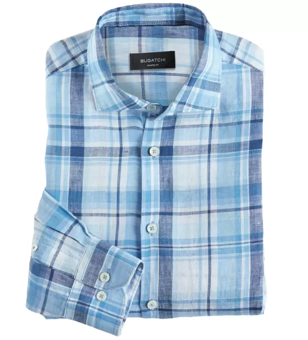 Bugatchi Plaid Linen Shirt- Long Sleeve Sport Shirts